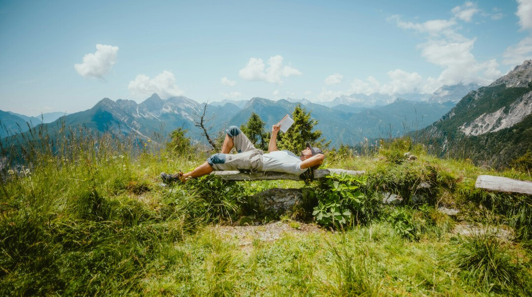 senior couple hiking in mountains